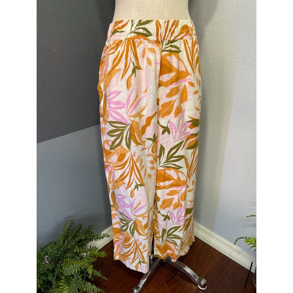 C&C California Tropical Floral Wide Leg Linen Palazzo Pants Pink Green Medium